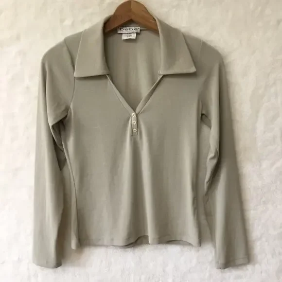 Bebe Beige Long Sleeve V-Neck Top - Picture 12 of 13